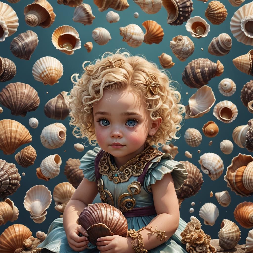 Toddler Girl with Seashells: Detailed Matte Painting
