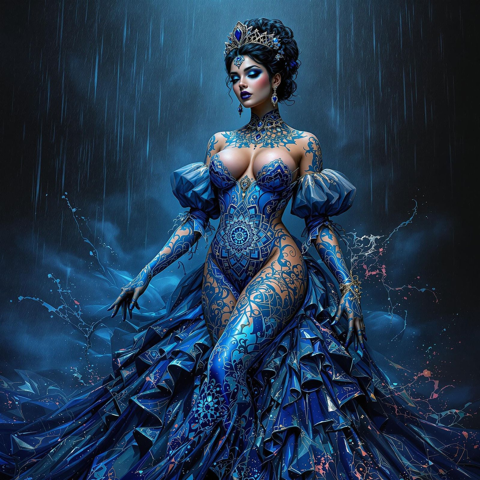 Majestic Blue Mandala Beauty in Rainy Boudoir