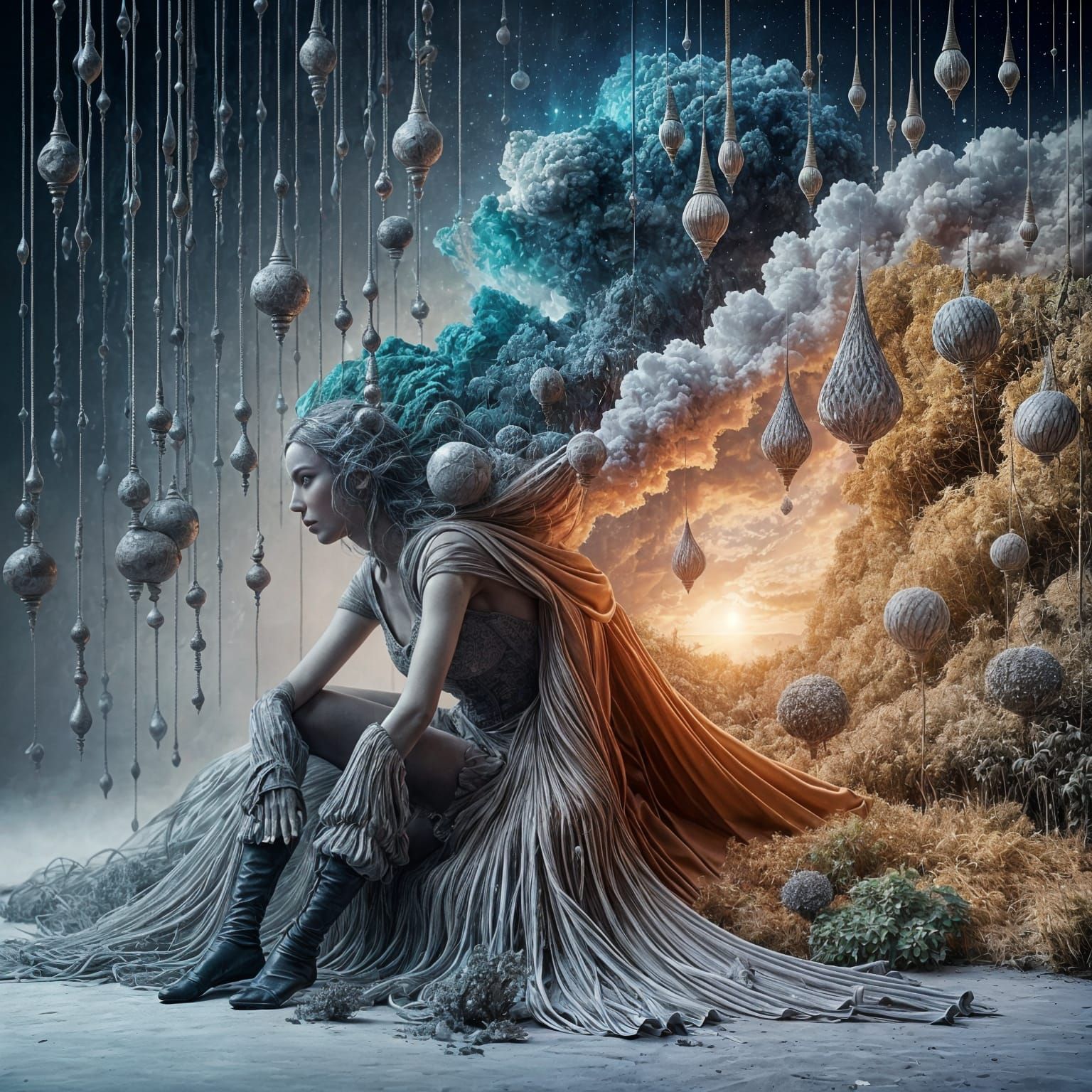 Woman in Ethereal Layers, Embracing Her Emotions in a Futuri...