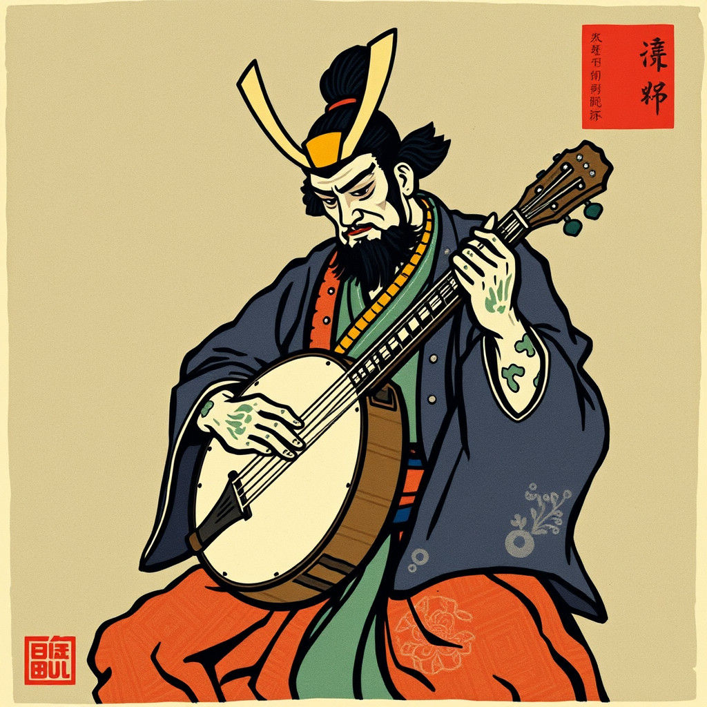 Samurai Plays Banjo in Woodblock Print Style