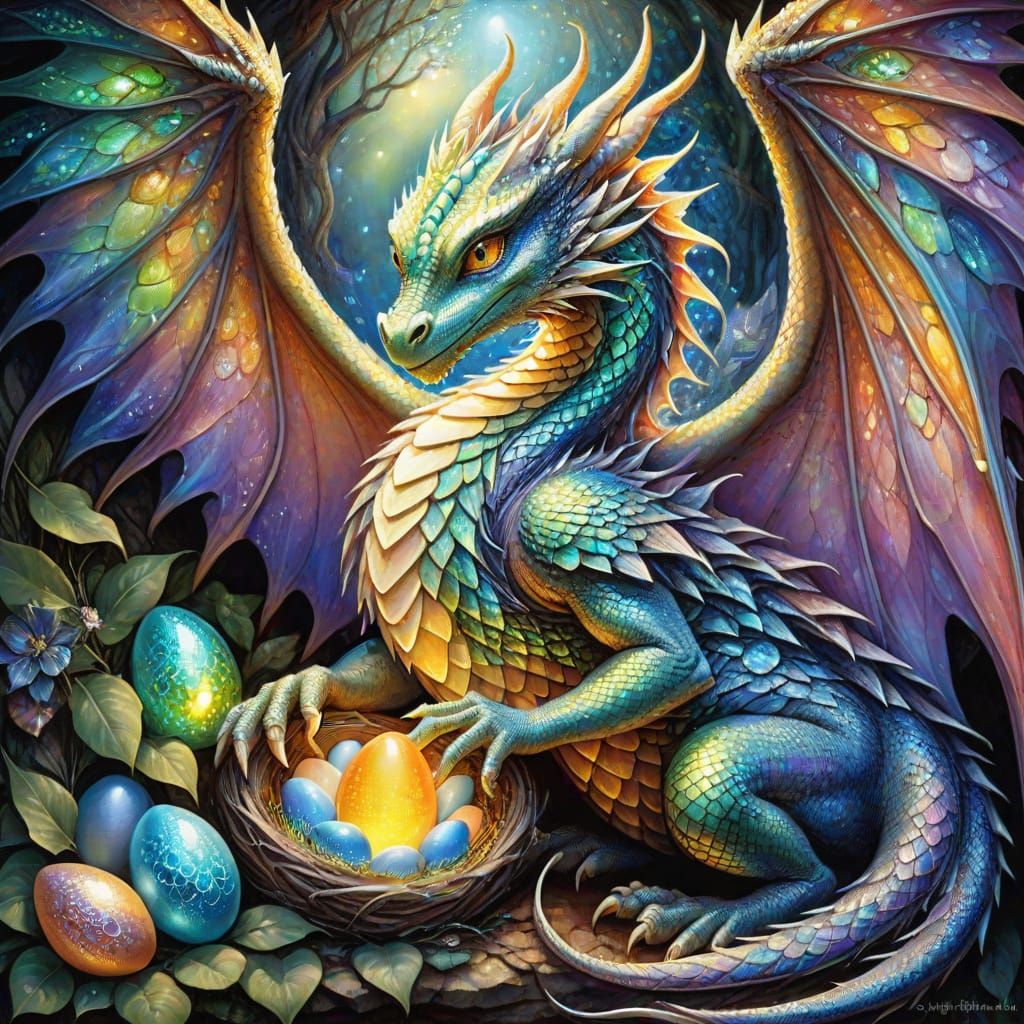 Mother Dragon Shelters Shining Eggs in Digital Fantasy Art