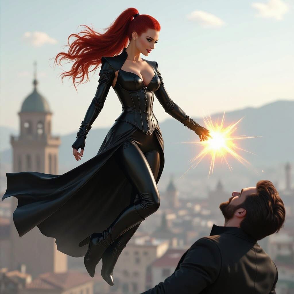 Powerful Goddess Iris Unleashes Energy Blast in Leather