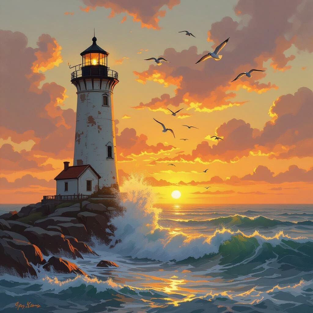 Coastal Lighthouse Sunset in Imaginative Realism Style