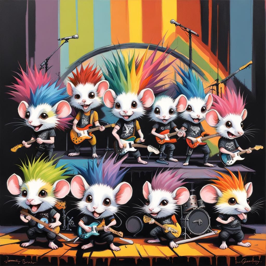 Chibi wide eyed mice punk rock band on stage with rainbow co...