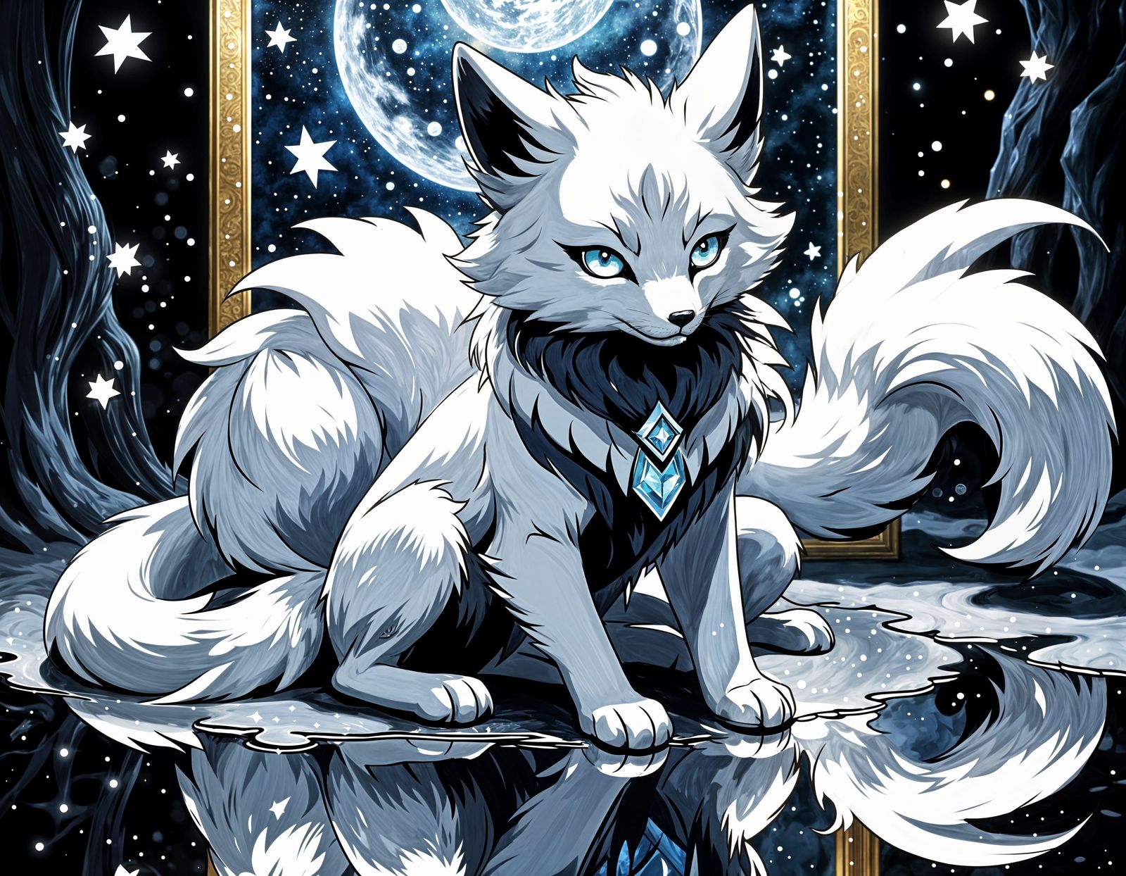 Starlight Kitsune by Lake in Anime Art Style