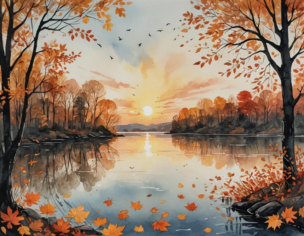 Autumn Lake Sunset in Gouache Style