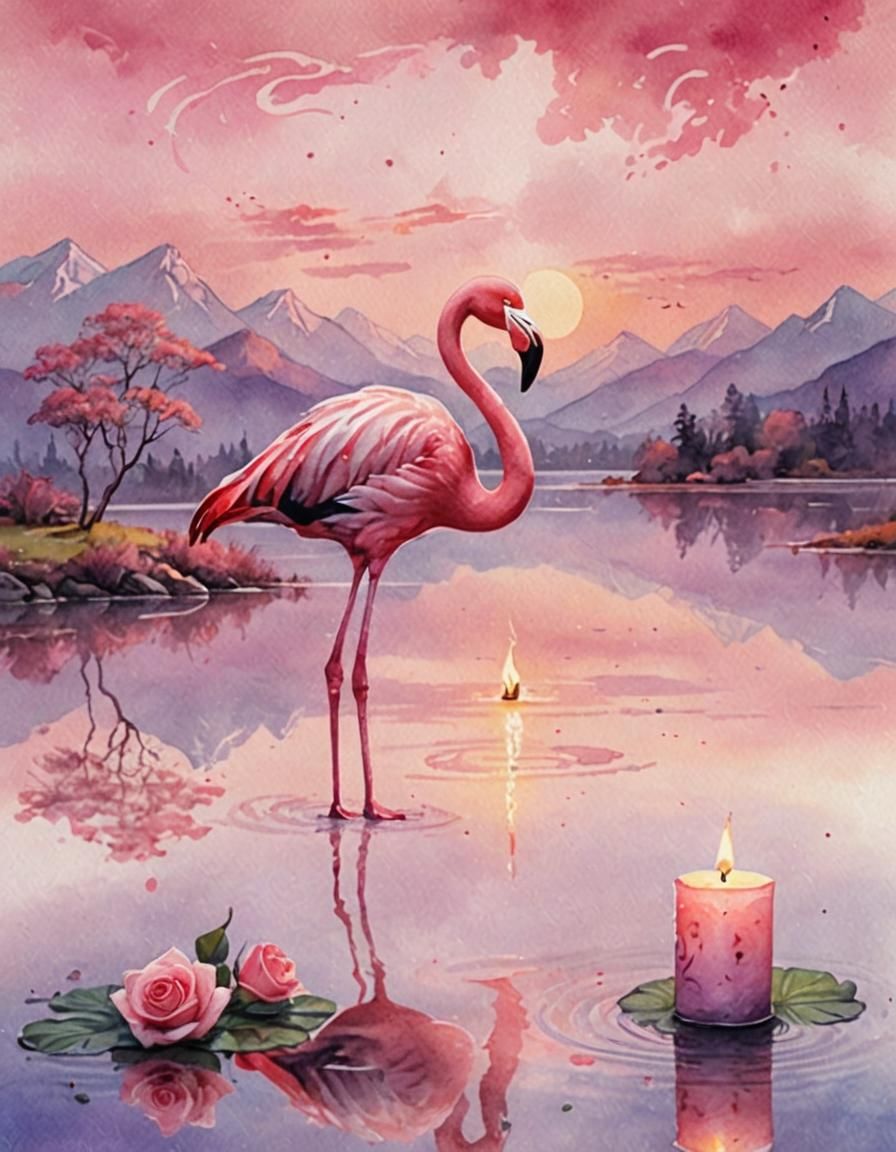 Pink Flamingo Reflected in Watercolor Landscape