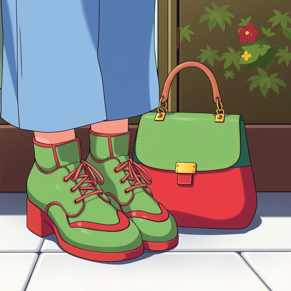 Anime Style Green and Red Shoes With Bag