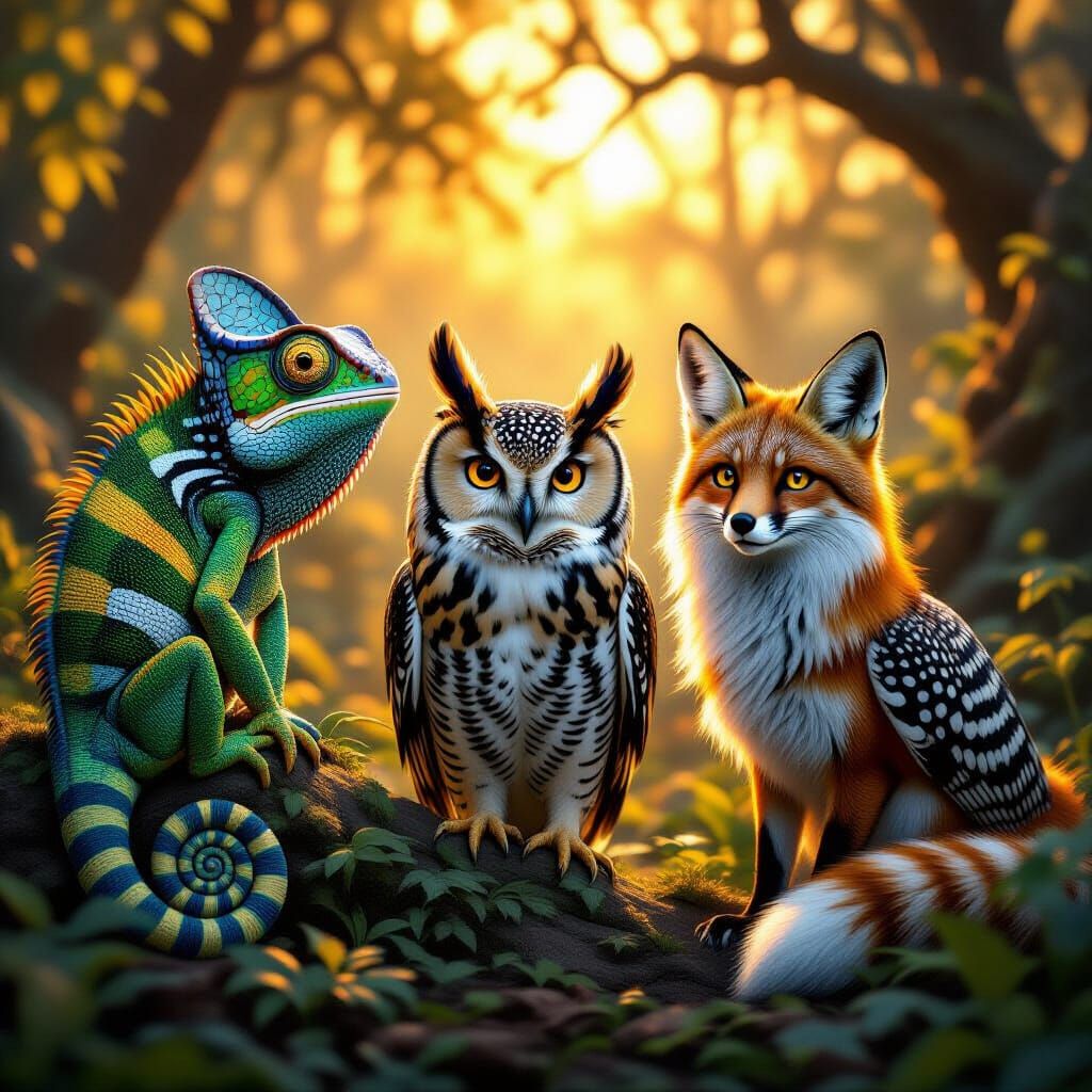 "A surreal, hyper-detailed fantasy scene where animals disgu...