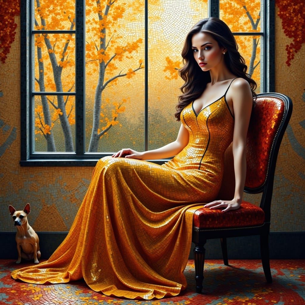 Autumn Room Scene with Woman, Dog, and Window in Mosaic Styl...