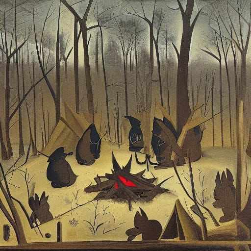 Winter Camping Scene in Mystical Forest