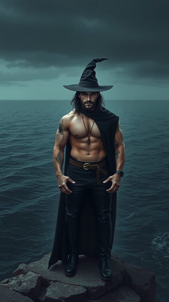 Mysterious Witch Father Stands Alone by the Dark Ocean