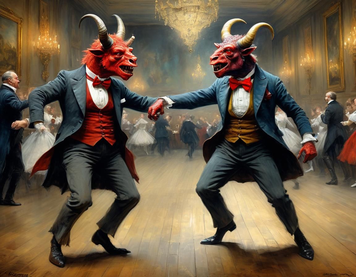 Monsters' Ballroom Dance in Expressionistic Oil Painting