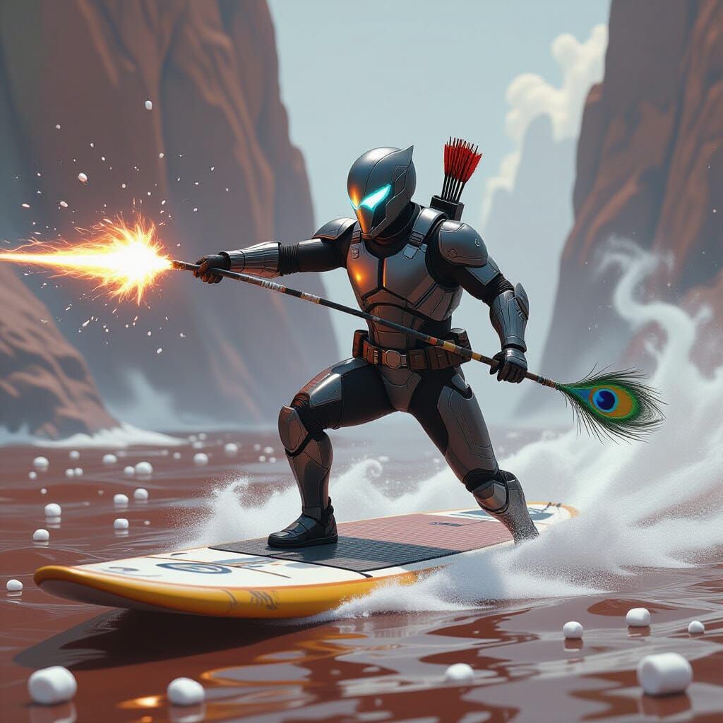 Archer Navigating Hot Chocolate Sea in Futuristic Style