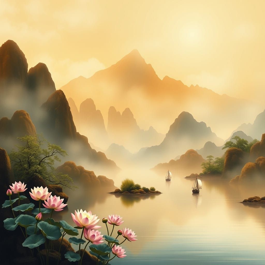 Epic Ancient Chinese Landscape in Golden Light Style of Old...