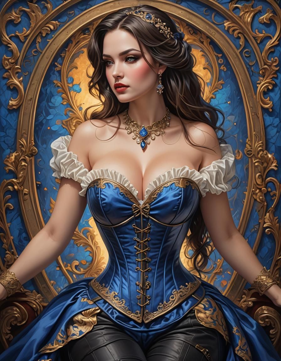 Hourglass Beauty in Cobalt Corset: Hyperrealistic Art