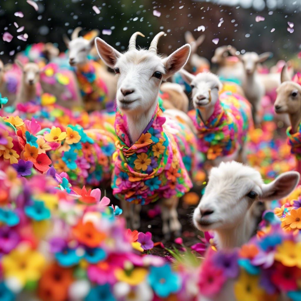 Flower Petal Blizzard with Pajama-Clad Baby Goats