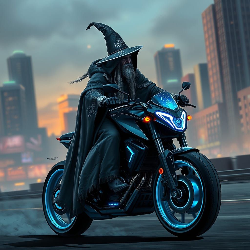 Surreal Cyberpunk Wizard Rides Futuristic Chopper Through Ne...