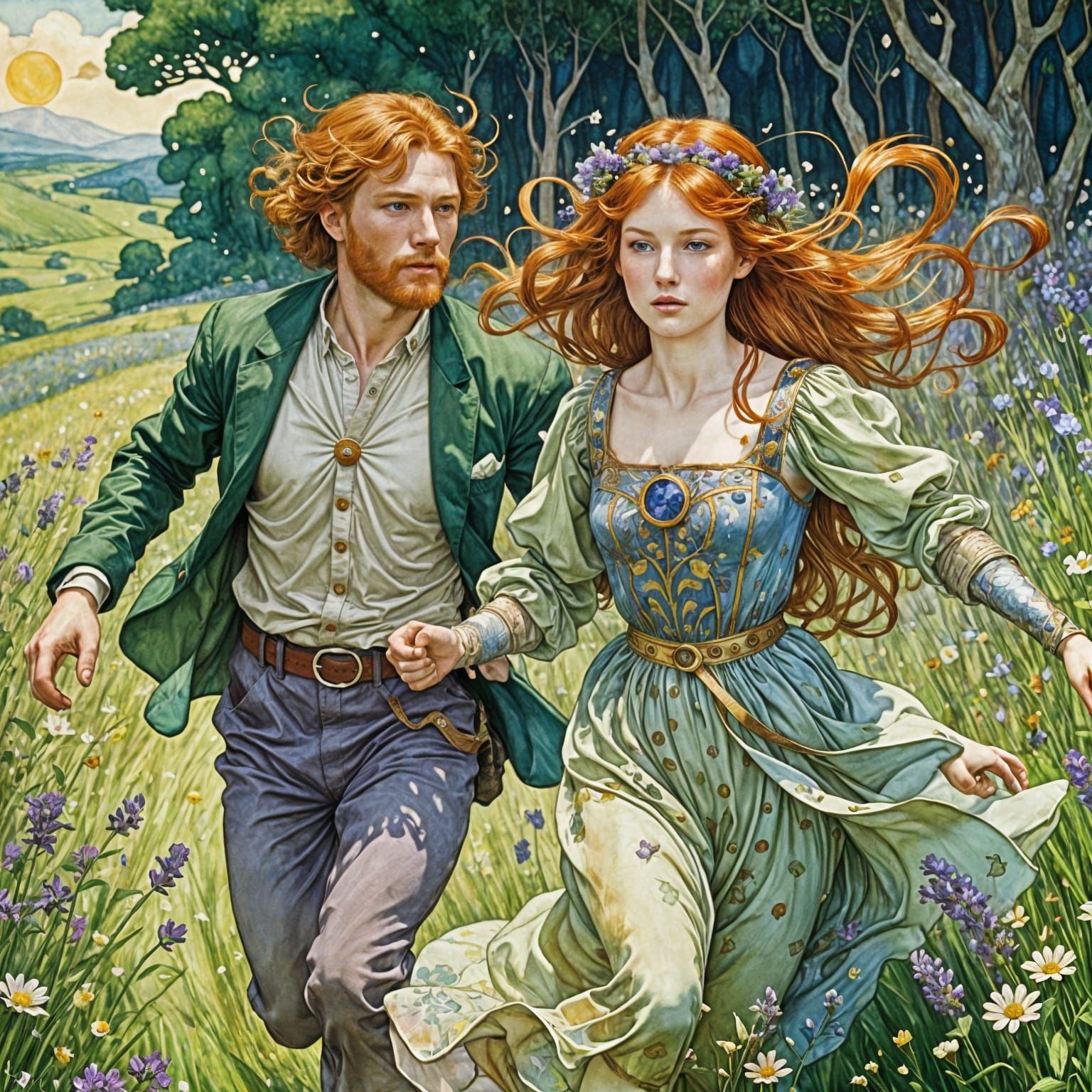 Redhead Royalty in Sunlit Meadow: Watercolor Illustration