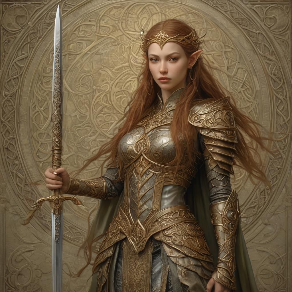 Elven Warrior Queen in Art Nouveau Style