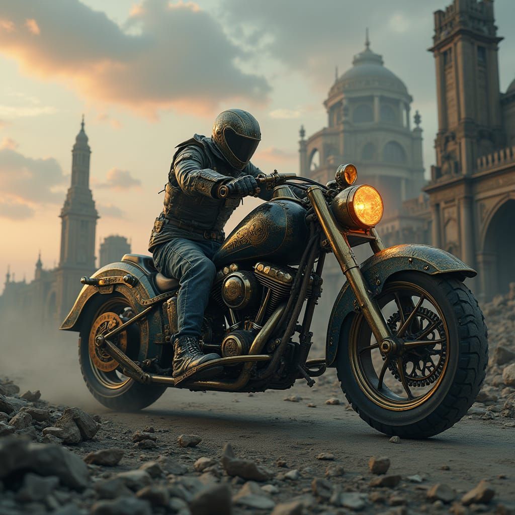 Steampunk Motorcycle Races Through Ruined Cityscape