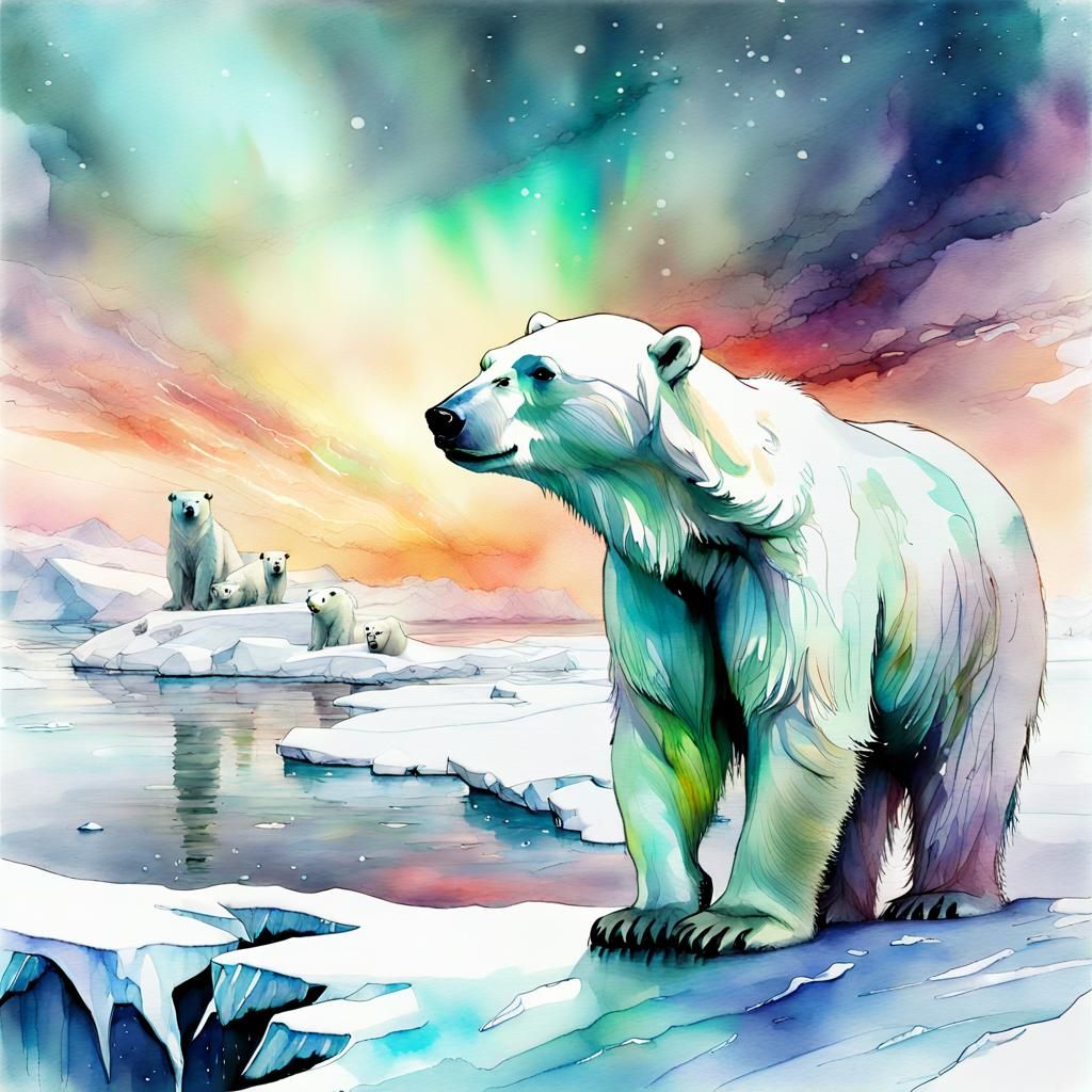 Antarctic Landscape with Polar Bears in Watercolor Style