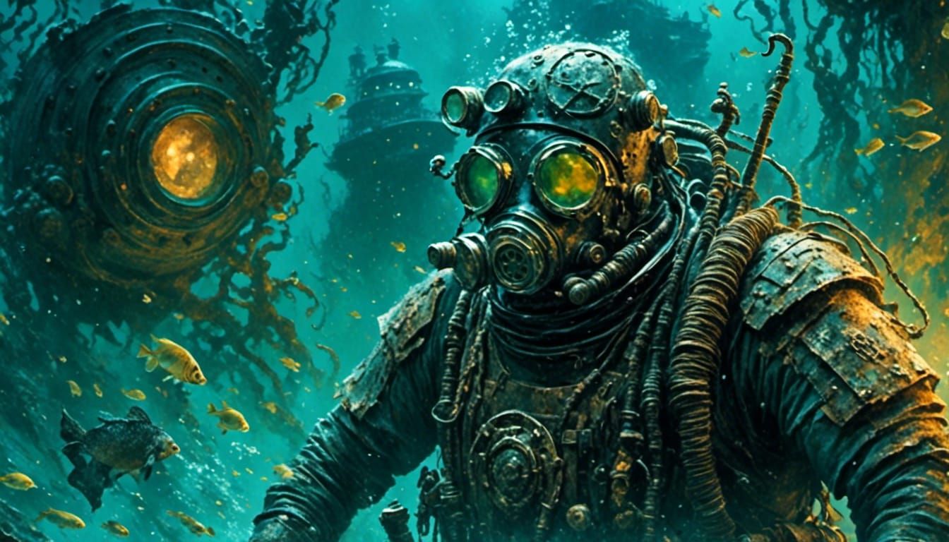Underwater Warrior in Sunken City: Digital Art