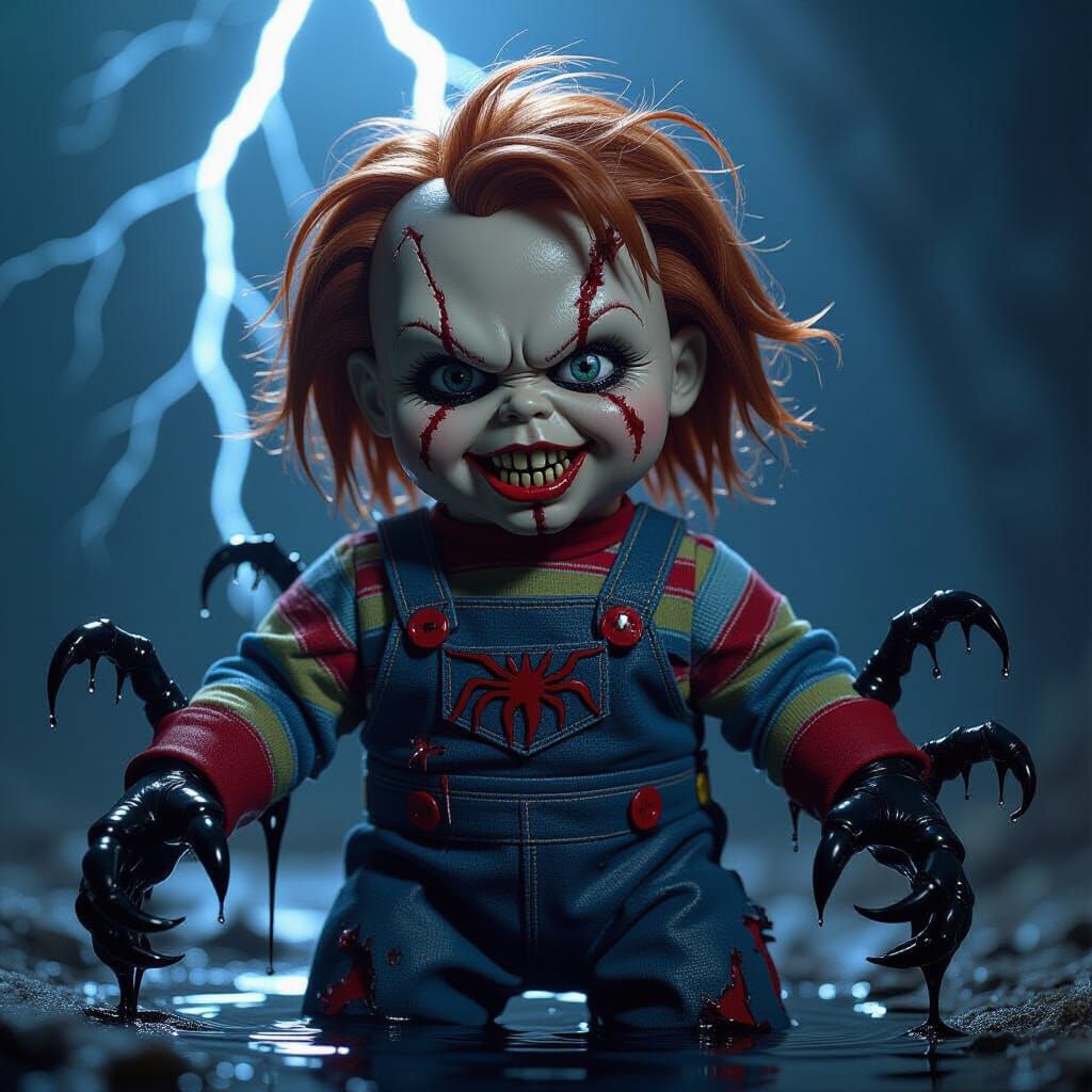 Chucky Doll Merges with Venom Symbiote in Horror Art Style
