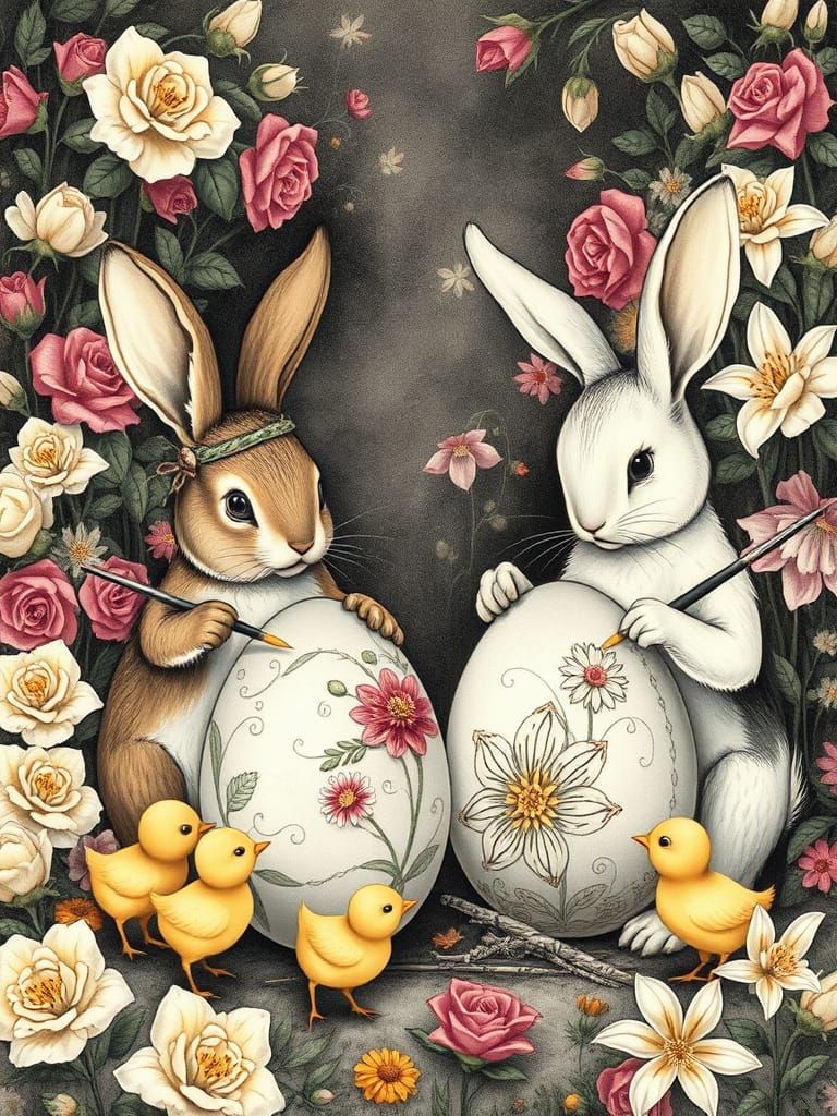 Whimsical Easter Scene: Bunnies and Chicks Painting Eggs