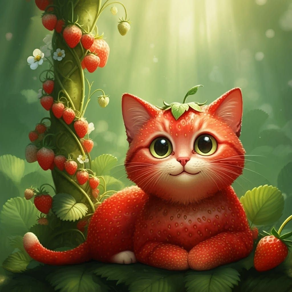 Strawberry Cat Lounging by Strawberry Bush in Digital Art