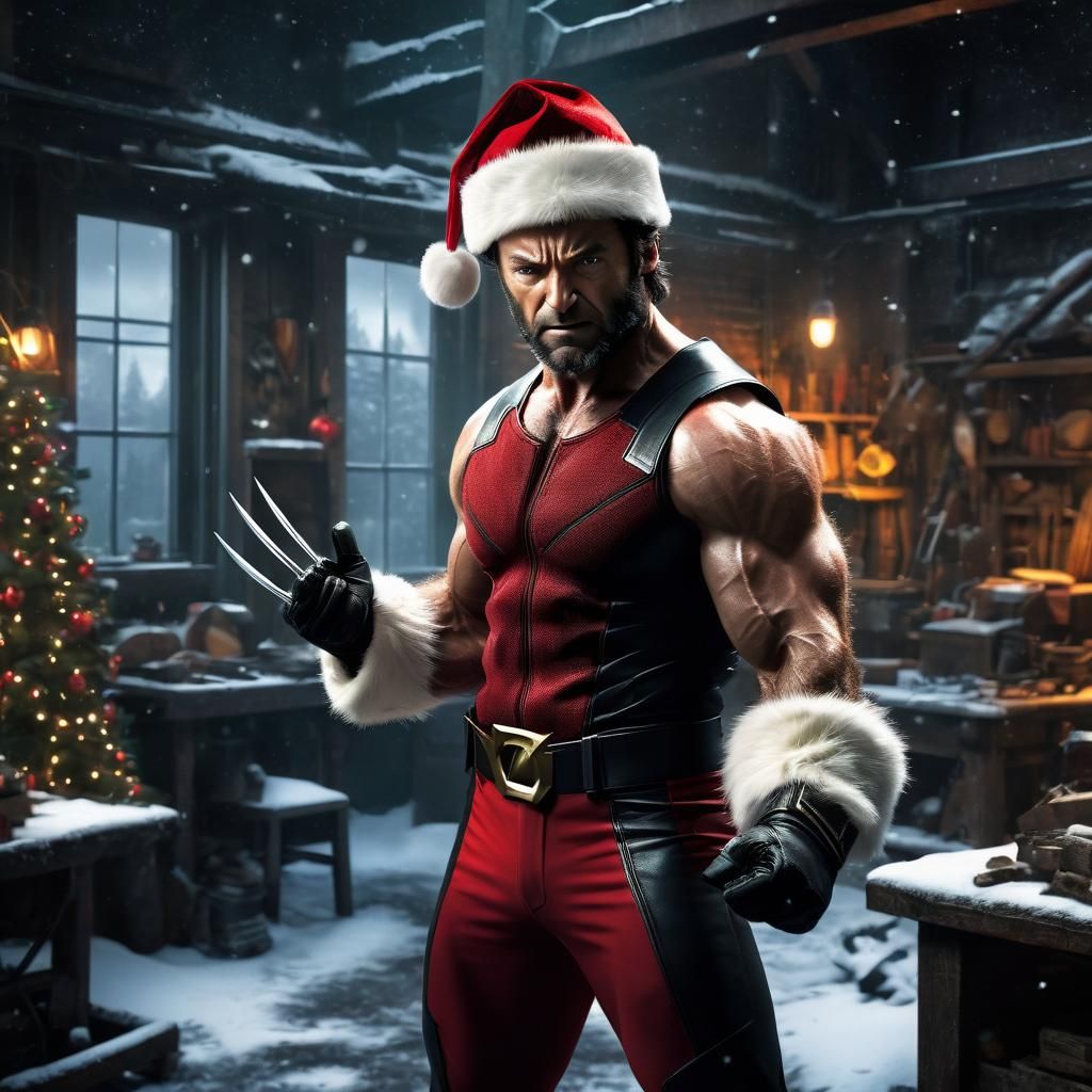Hyper-Realistic Wolverine as Santa Claus in Festive Workshop