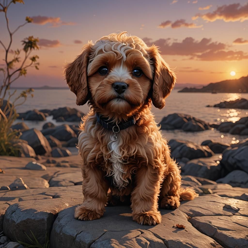Cute Cavoodle Dog at Sunset: Fantasy Concept Art