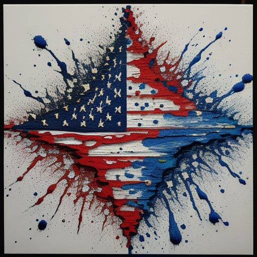 Surreal splatter pointillism paint drippings forming an American flag.