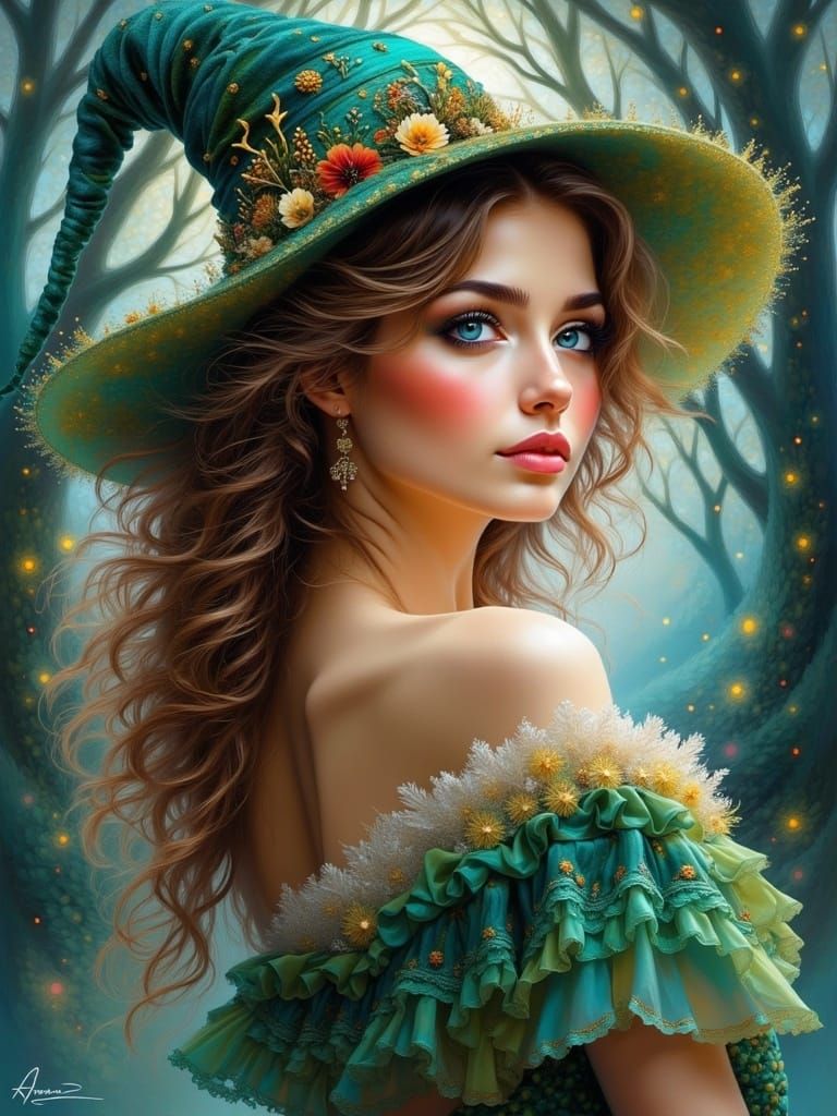 Whimsical Young Woman in Emerald Green Dress and Witch's Hat