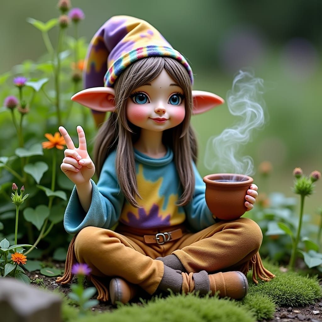 A Caucasian female garden gnome styled in whimsical attire reminiscent of the 1960s counterculture movement. This gnome ...