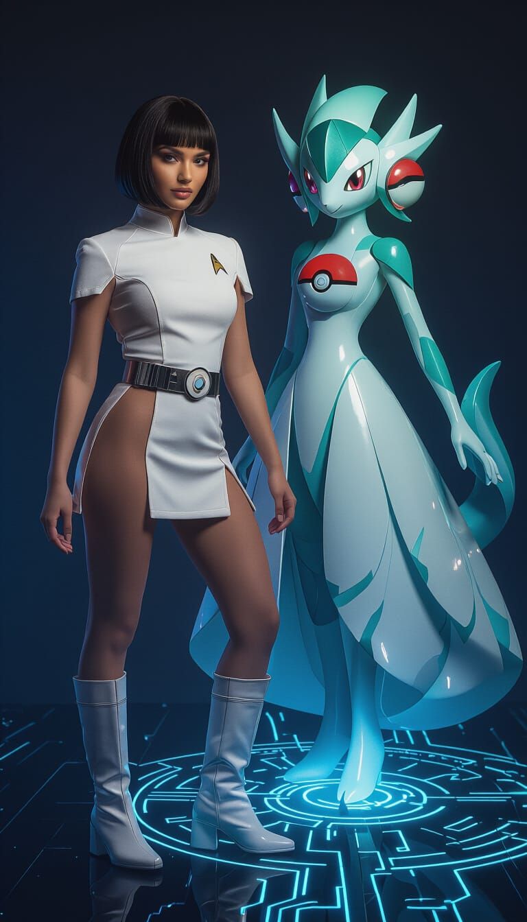 Sci-Fi Witch and Pokémon Beside Glowing Diagrams
