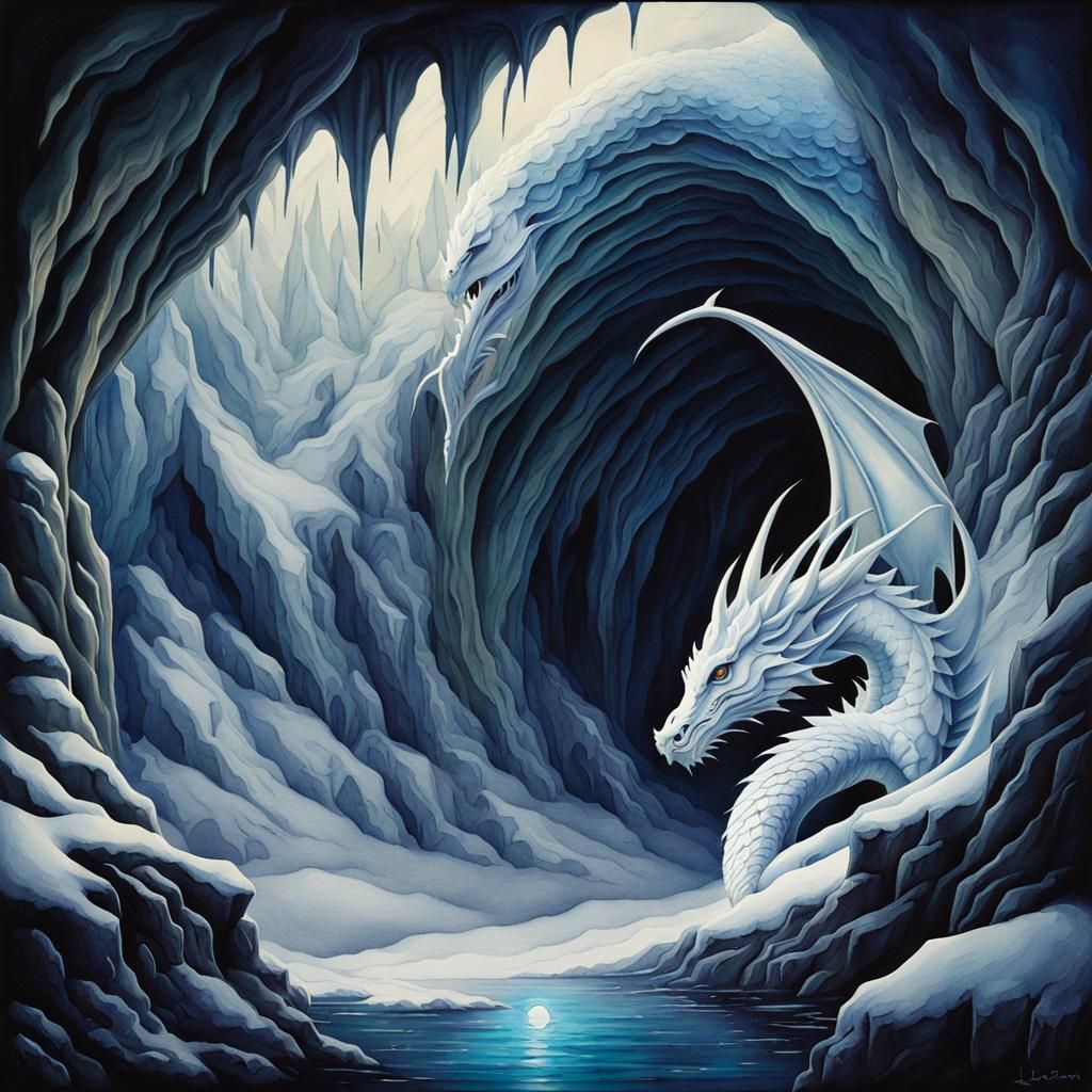Melancholic White Dragon in Snowy Cave: Watercolour