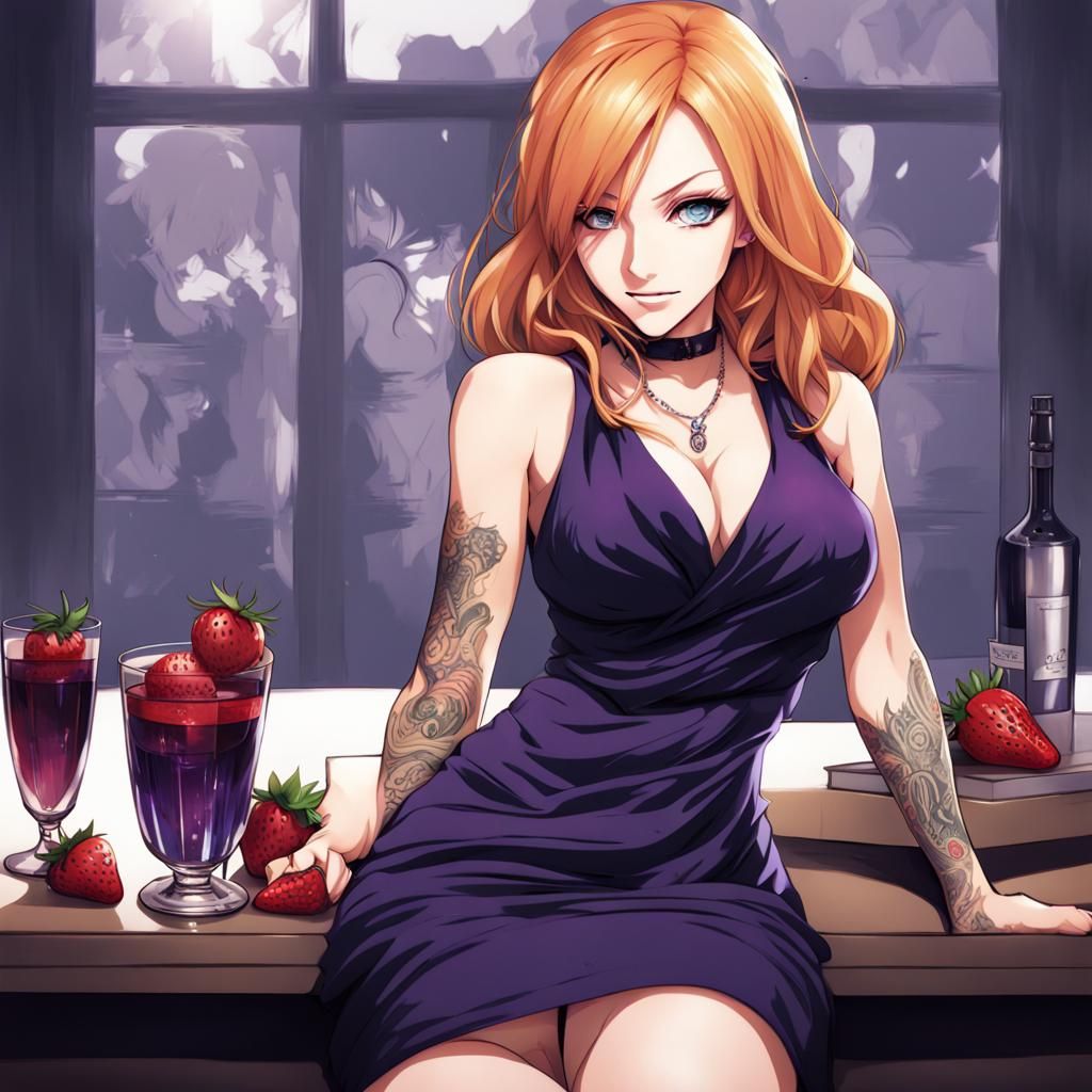 Anime Mafia Boss with Tattoos in Purple Dress