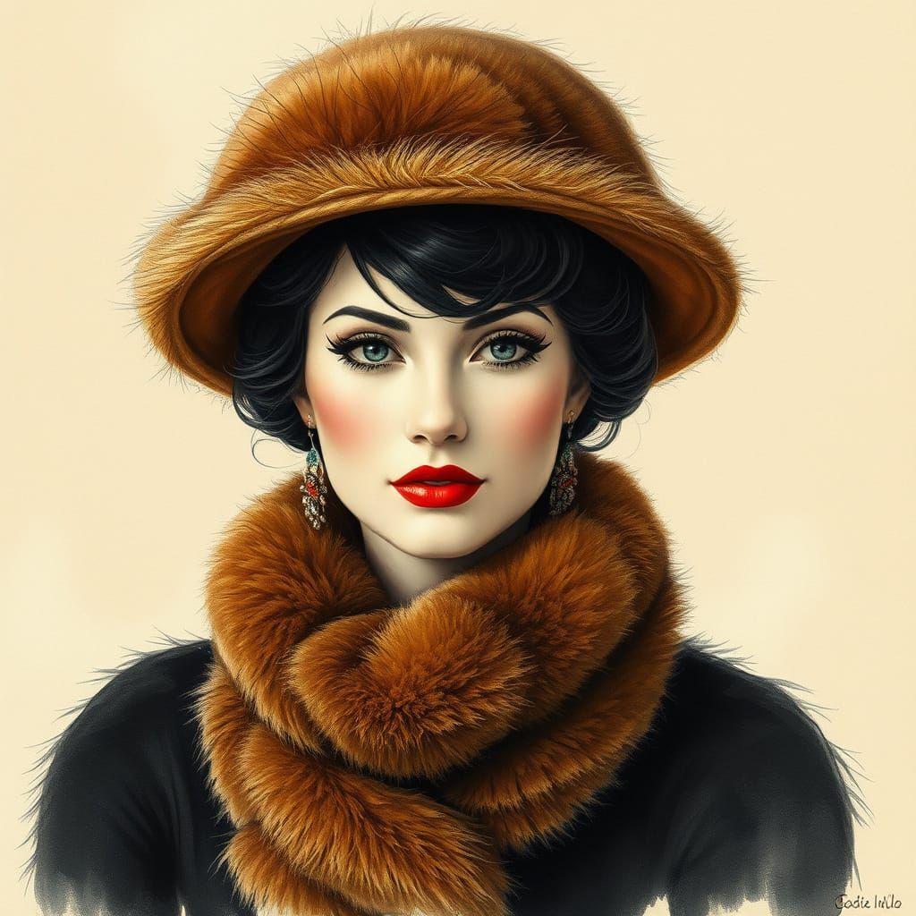Whimsical Retro Beauty in Charcoal Portrait