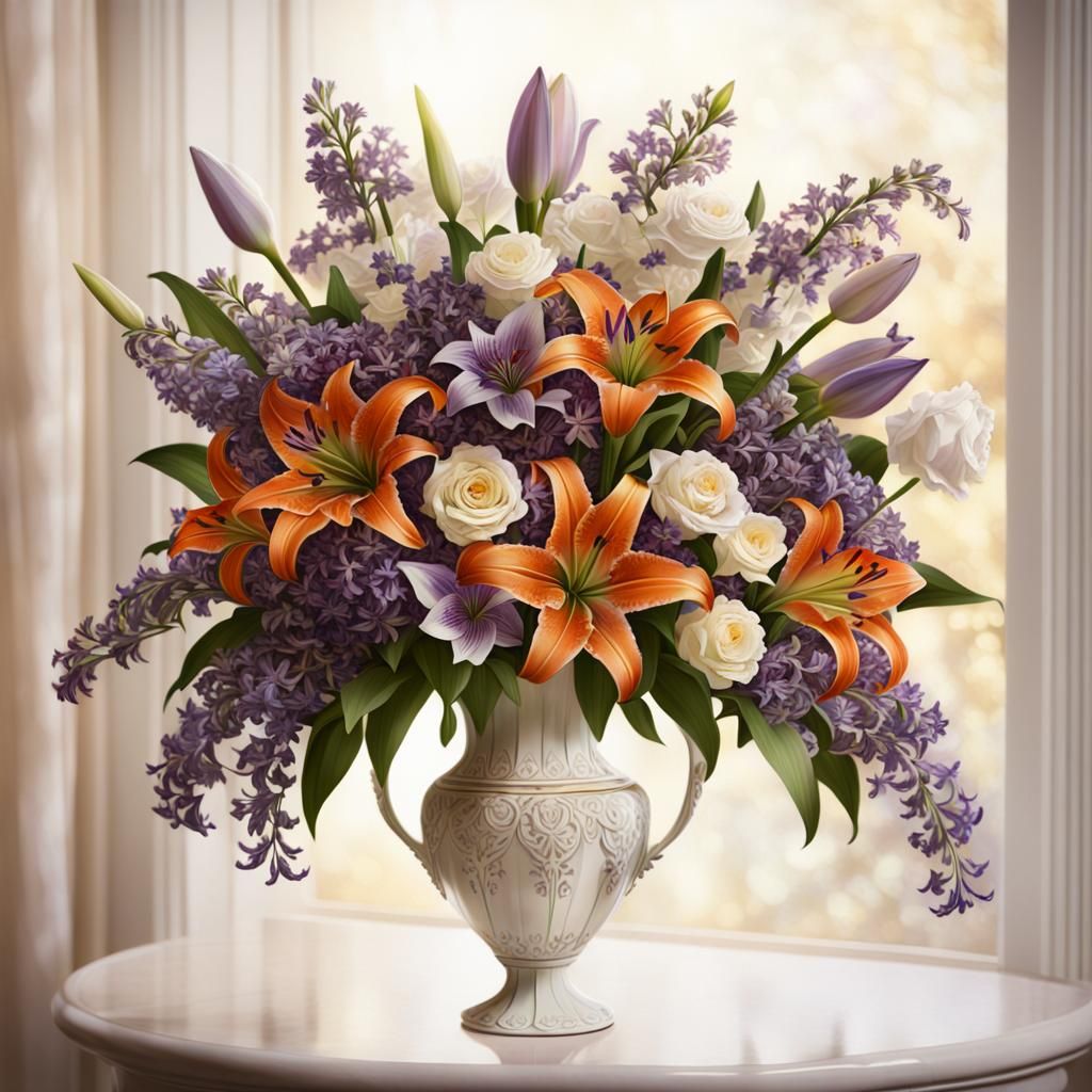 Ornate Vase with Lilies and Roses, Art Nouveau Style