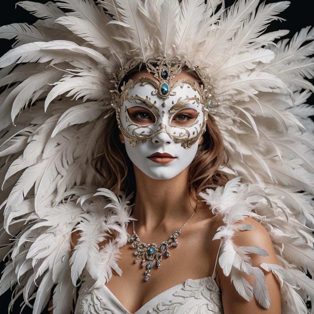 Woman with Feathered White Mask