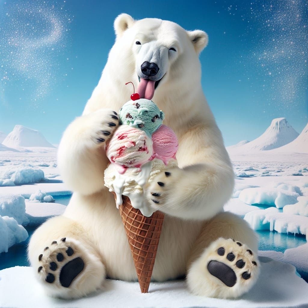 A polar bear is licking a huge ice cream cone.