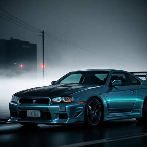 Nissan Skyline on Misty Neon Street: Automotive Photography