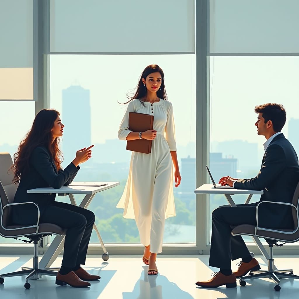 Confident Woman Enters Interview Room, Digital Art