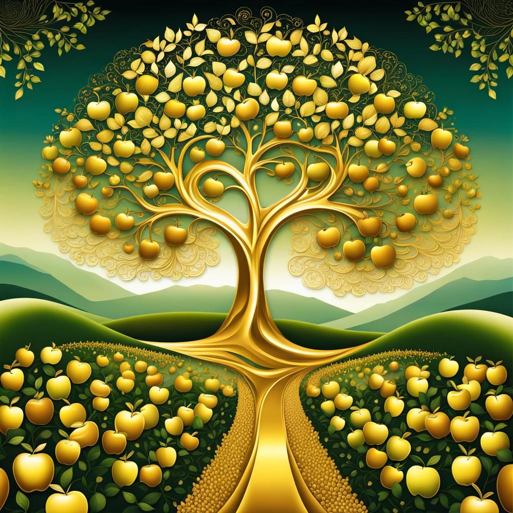 Golden Apple Tree in Autumn Orchard