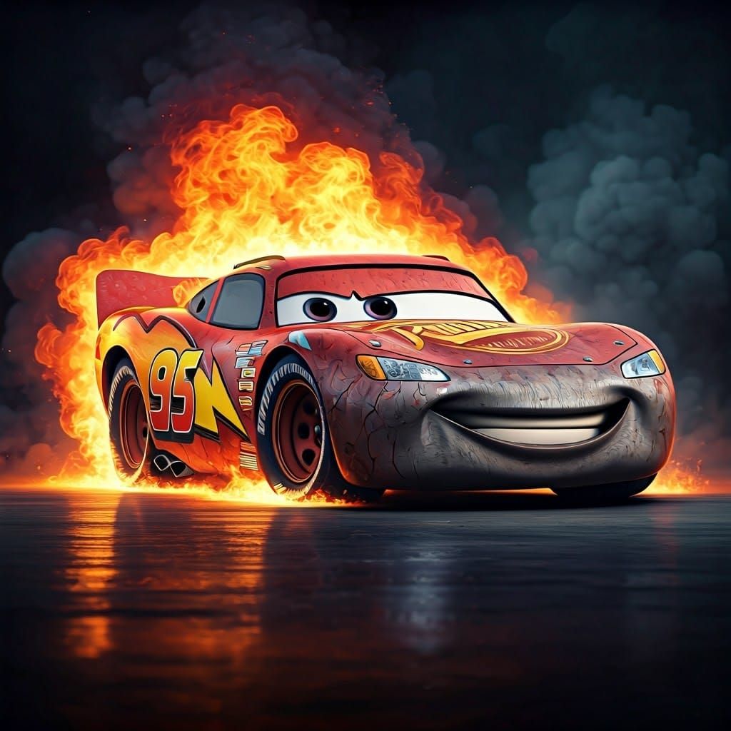 Lightning McQueen Ablaze: Hyperrealistic Automotive Art