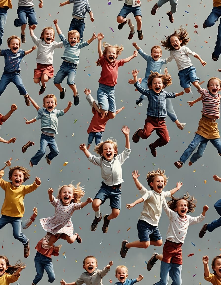 Hyperrealistic Children Jumping with Joy