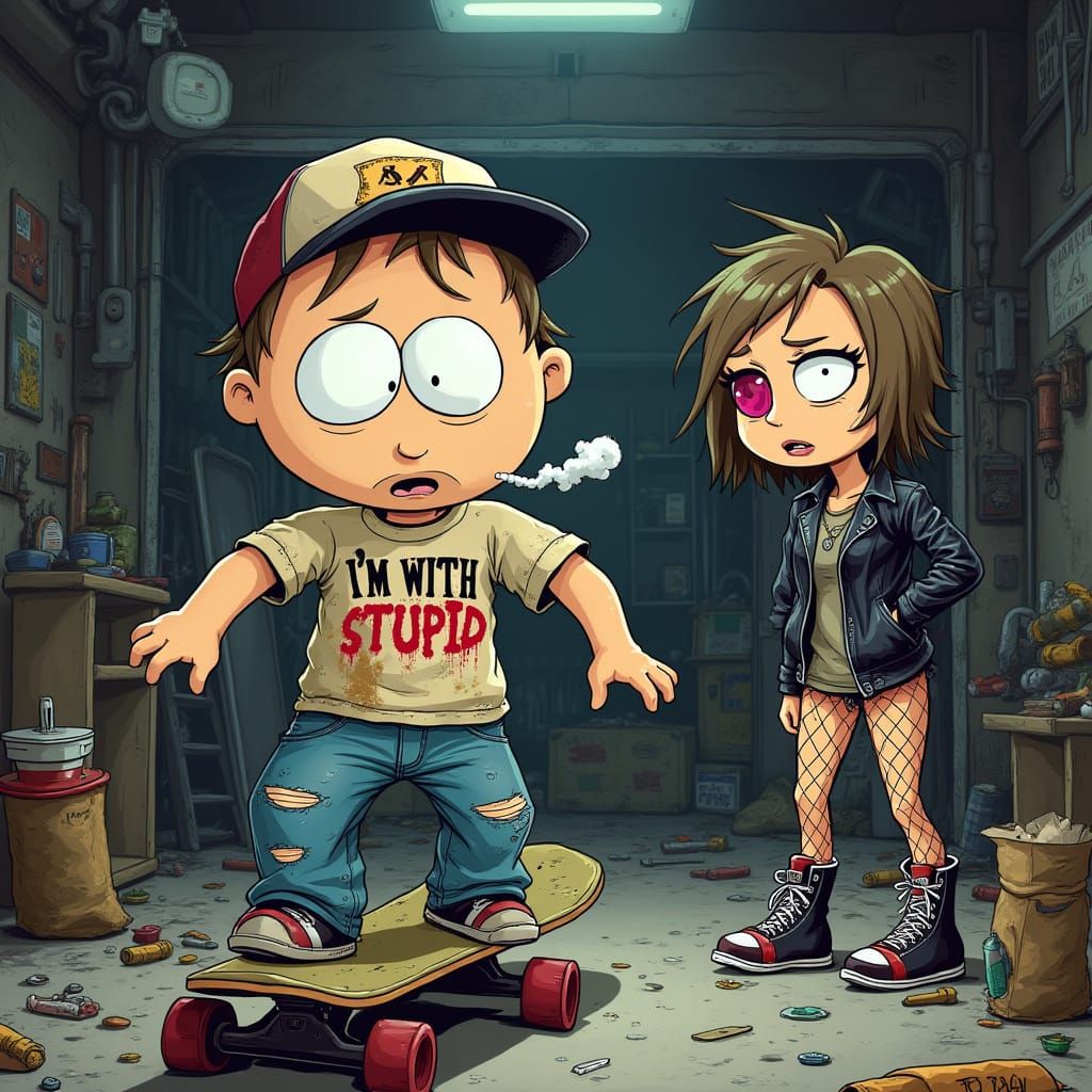 Cartman-Inspired Surfer Meets Chaos in Gritty Garage Scene