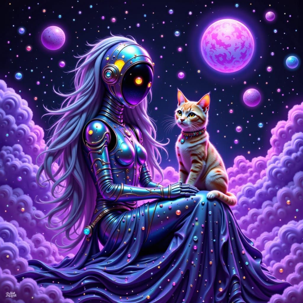 Robot and Kitty in Cosmic Landscape, Celestialpunk Style