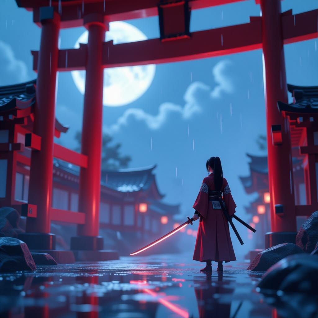 Kunoichi in Rain Under Crimson Torii Gate